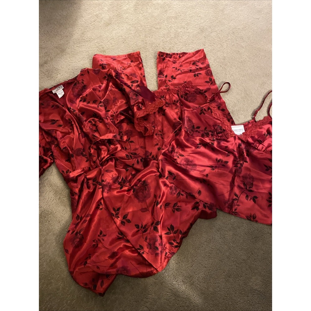 VINTAGE FASHION BUG‎ WOMEN'S 3 PIECE SATINY FLORAL PAJAMA SET/MATCHING ROBE SZ L